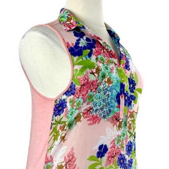 Femme Women’s Top Collared Sleeveless Mixed Media Pink Blue Multi Floral Size XL - Picture 6 of 12
